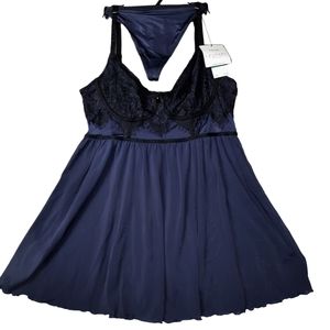 Laundry by Shelli Segal Emma Navy Babydoll Lingerie 2pc SZ L NWT
